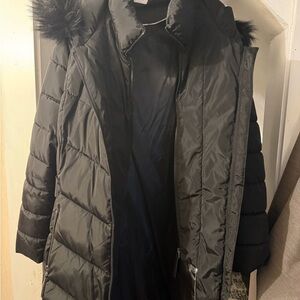 Calvin Klein Charcoal Puffer Jacket with Faux Fur Hood